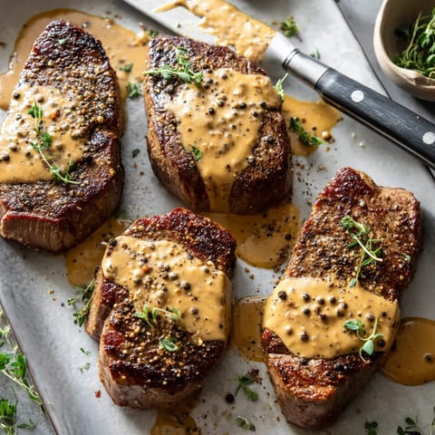Steak grillé avec sauce et poivrons.