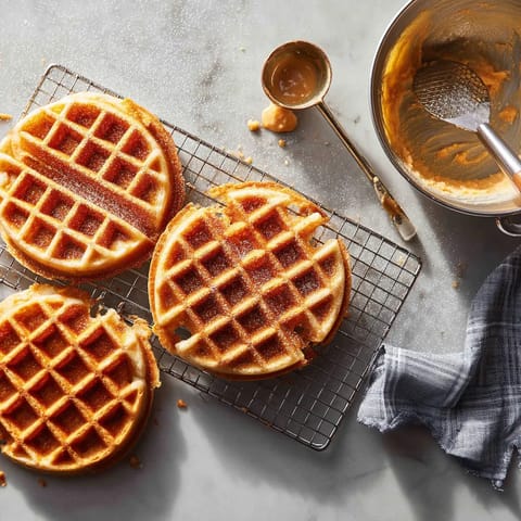 Une tasse de waffles sur une plaque de cuisson.