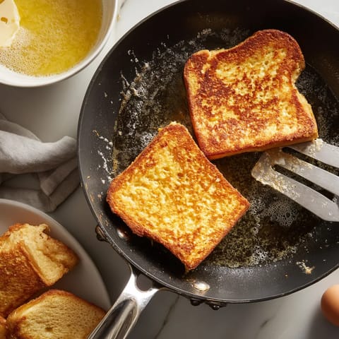 Une poêle avec des toasts grillés.