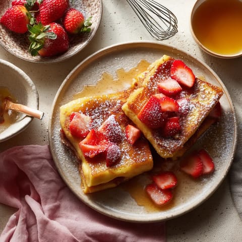 Une table avec des crêpes sucrées et des fraises.