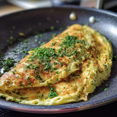 Une omelette aux fines herbes est servie dans un bol en métal.