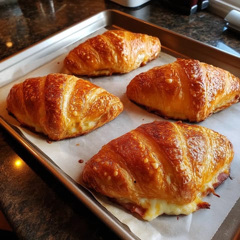 Quatre croissants sur un tray.