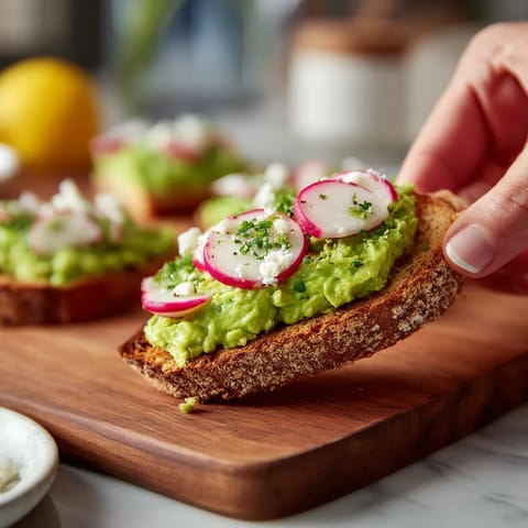 Une main tient une tranche de pain grillé avec des pâtes et des radis.