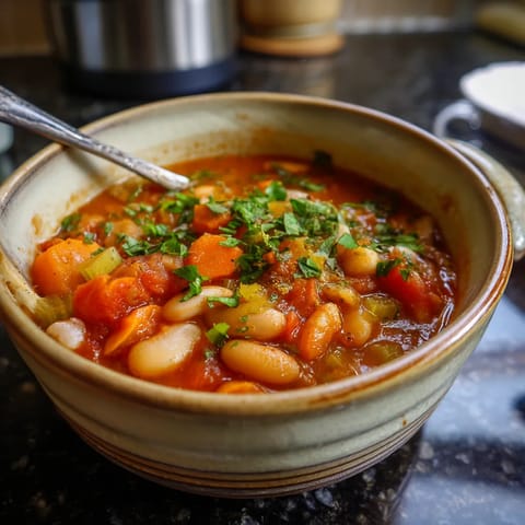 Une assiette contenant une soupe avec des légumes et des haricots.