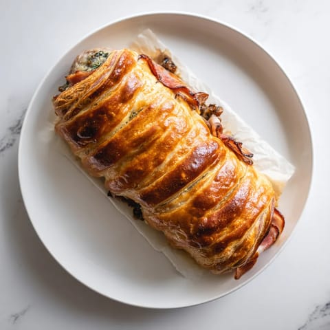 Une baguette de pain est enroulée autour de bacon et de fromage.