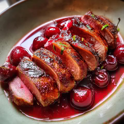 Une viande rouge est servie avec des cerises et des épinards.