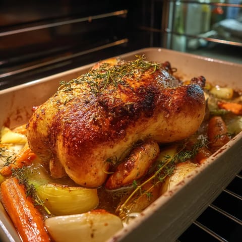 Un poulet entier est cuit et servi dans un plat.