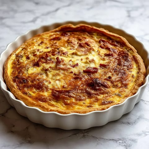 Une tarte au bacon et au fromage est servie dans un plat en verre.