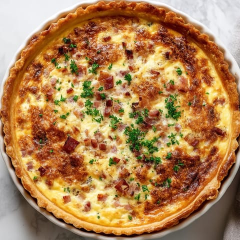 Une tarte au bacon et au fromage, servie dans un plat ovale.
