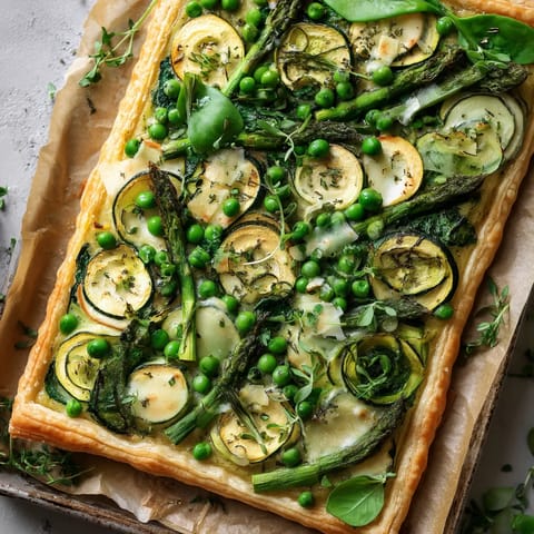 Une tarte aux légumes, principalement des asperges, est servie sur une table.