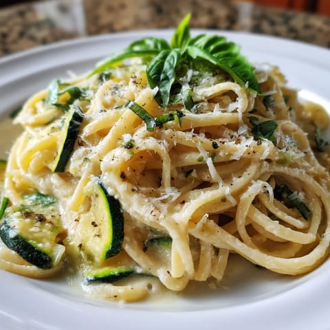 Une assiette de spaghetti avec des légumes verts et des herbes.