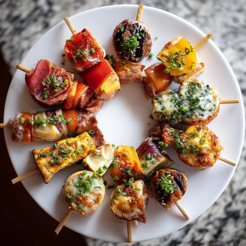 Une plaque de porcelaine avec des brochettes de viande colorées.