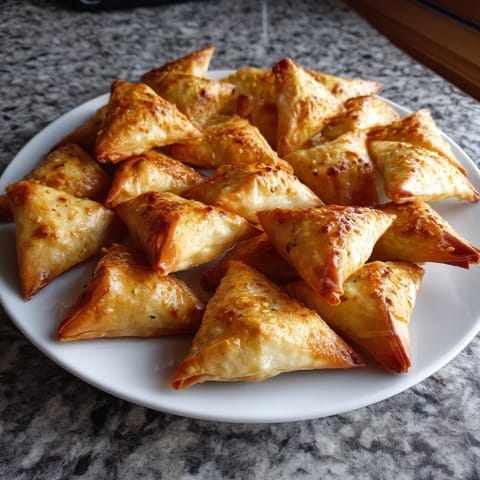 Une plaque de porcelaine contenant des triangles de pâte fourrés de fromage et de herbes.