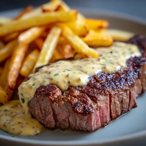 Une viande grillée avec des frites et une sauce.