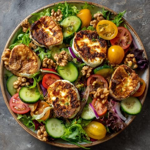 Une salade composée de tomates, de cucumbers, de poivrons, de pommes de terre, de noix et de fromage.