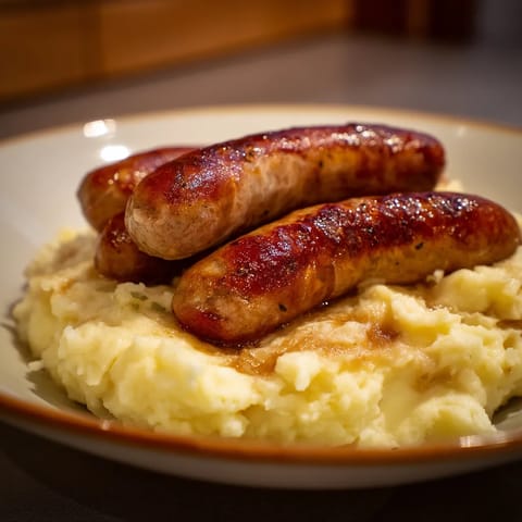 Plate of food with sausages and potatoes.