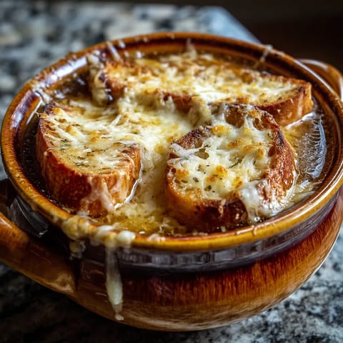 Une assiette de soupes avec des tranches de pain et des croutons.