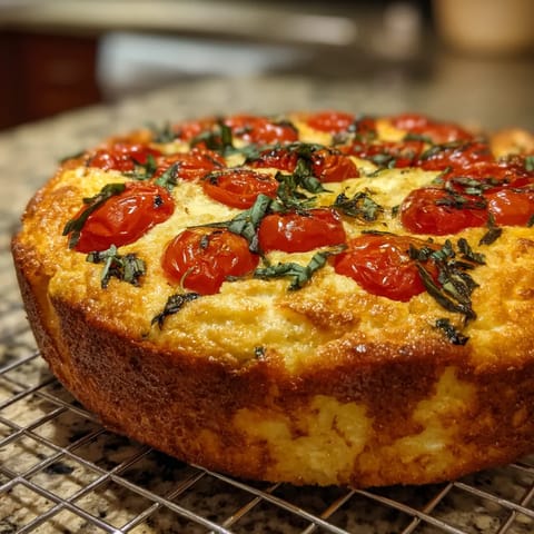 Une tarte aux tomates et herbes sur un plateau de métal.