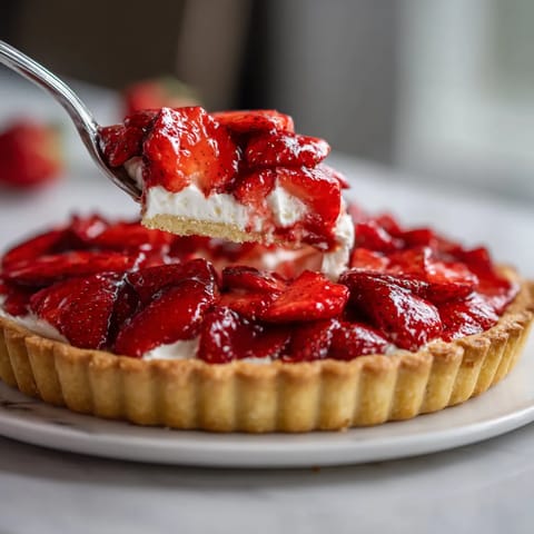 Une tarte aux fraises est servie sur un plateau.