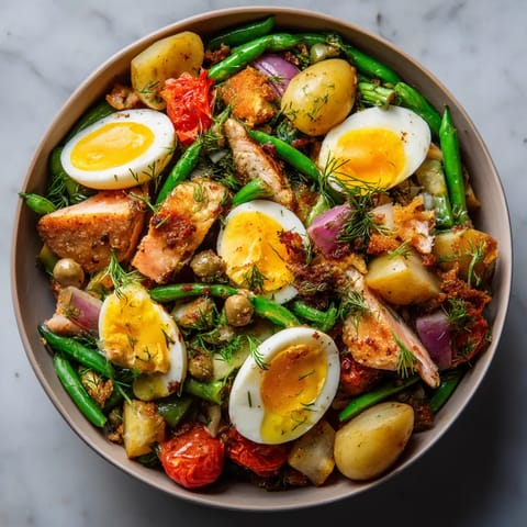 Une assiette de légumes et de viande, y compris des oeufs, des poivrons, des pommes de terre et des haricots verts.