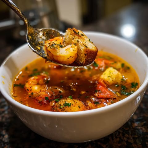 Une cuillère de shrimp dans un bol de bouillon.