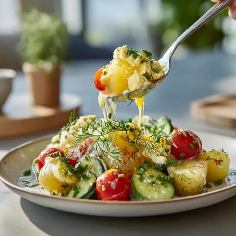 Une salade mimosa est servie sur un plateau.