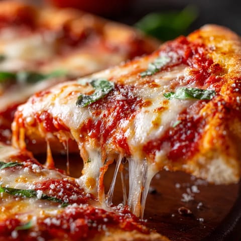 Une pizza maison est servie sur une planche de bois.