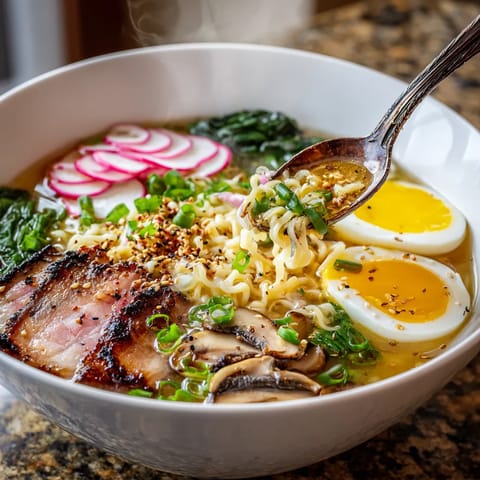 Une assiette de noodles avec des oeufs, des champignons et des légumes verts.