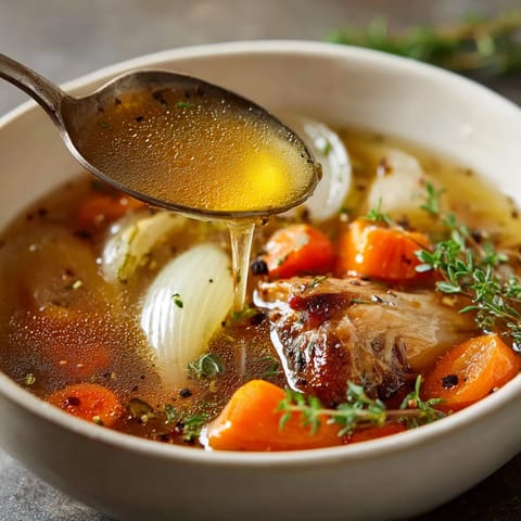 Une soupe chaude avec des carottes, des onions et des herbes.