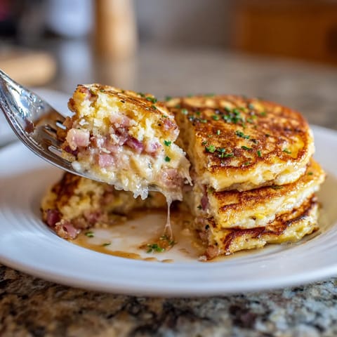 Une assiette de pancakes avec des herbes sur le dessus.