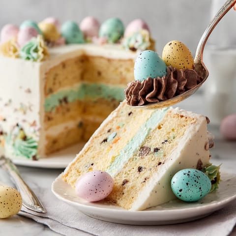 Une cake coloré avec des œufs colorés dessus.