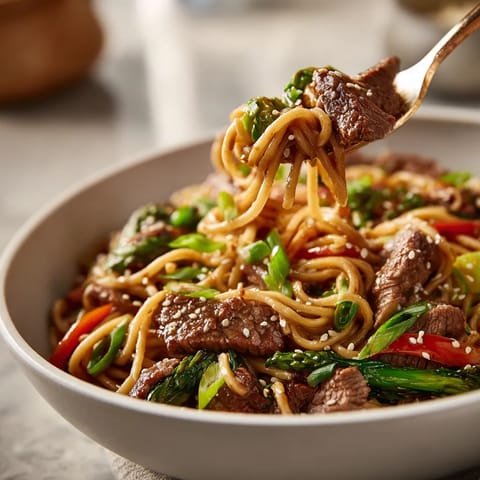 Une assiette de noodles avec des légumes et du viande.
