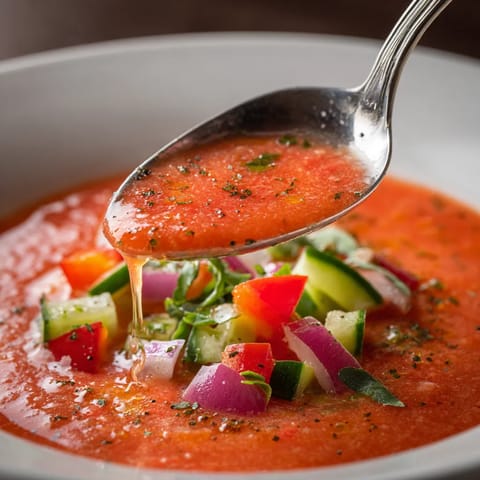 Une cuillère en argent est utilisée pour soulever une sauce rouge dans un bol.