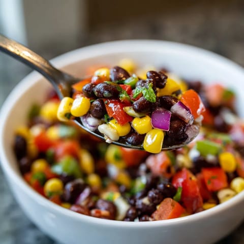 Une cuillère est utilisée pour prendre des légumes verts et rouges dans un bol.