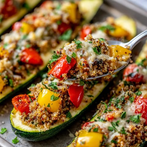 Une image de légumes cuits dans un plat, y compris des courgettes, des tomates et des poivrons.