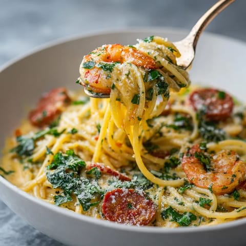 Une assiette de spaghetti avec des tomates, des épinards et des bacon.