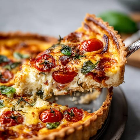 Une pizza avec des tomates et des herbes.