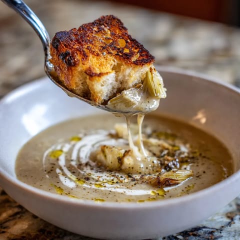 Une assiette de soupe avec une cuillère en train de la prendre.