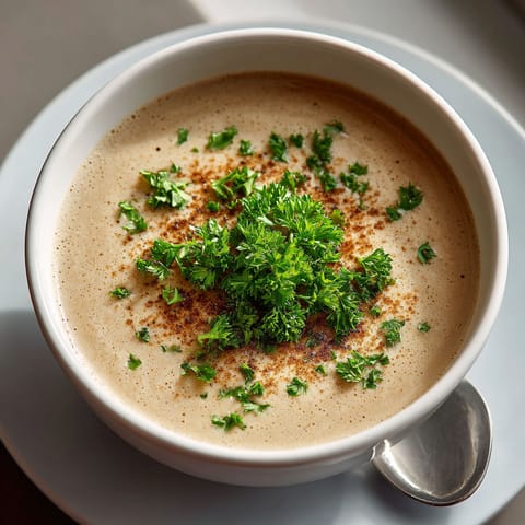 A cup of soup with a green garnish.