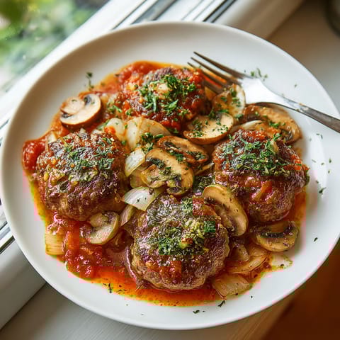 A plate of meatballs with mushrooms and onions.