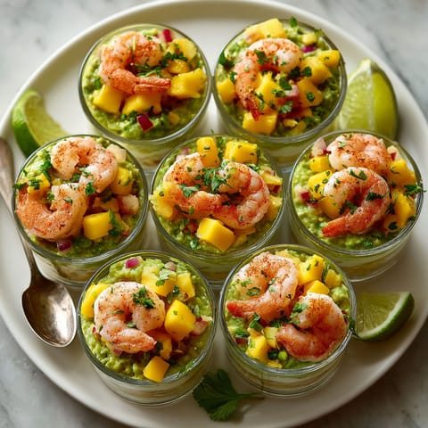 A plate of food with shrimp and mango.