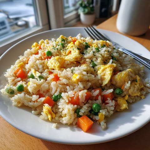 A plate of rice with peas and carrots.