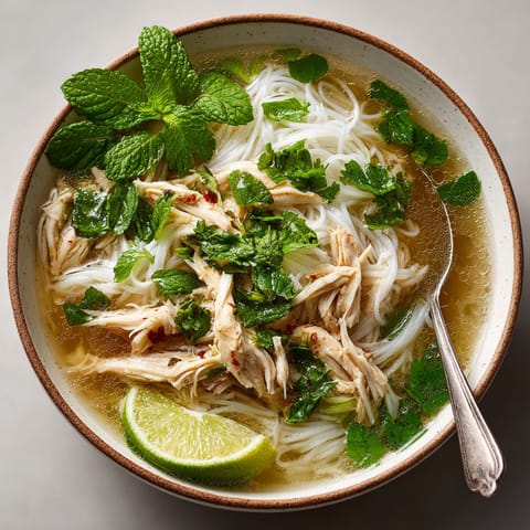A bowl of soup with chicken and mint.