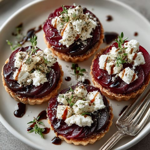 Four small tartlets with cheese and beets.