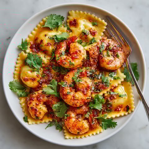 A plate of shrimp and pasta.