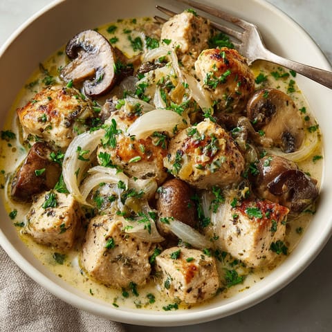 A bowl of food with mushrooms, onions, and meat.