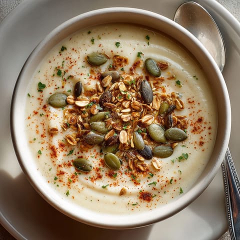 A bowl of soup with nuts and herbs.