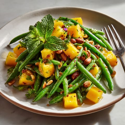 A plate of food with green beans and other vegetables.