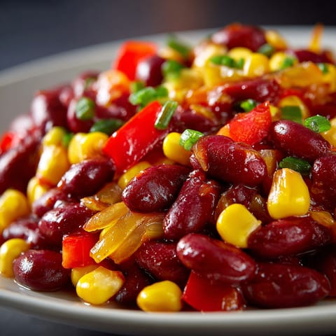 A plate of food with red beans, corn, and peppers.