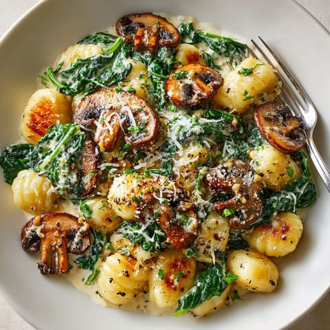 A plate of food with mushrooms and spinach.